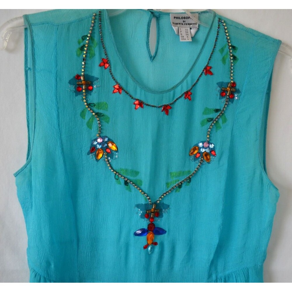 Philosophy di Alberta Ferretti Sheer Silk Dress Italy 40 US 4 Teal Rhinestones